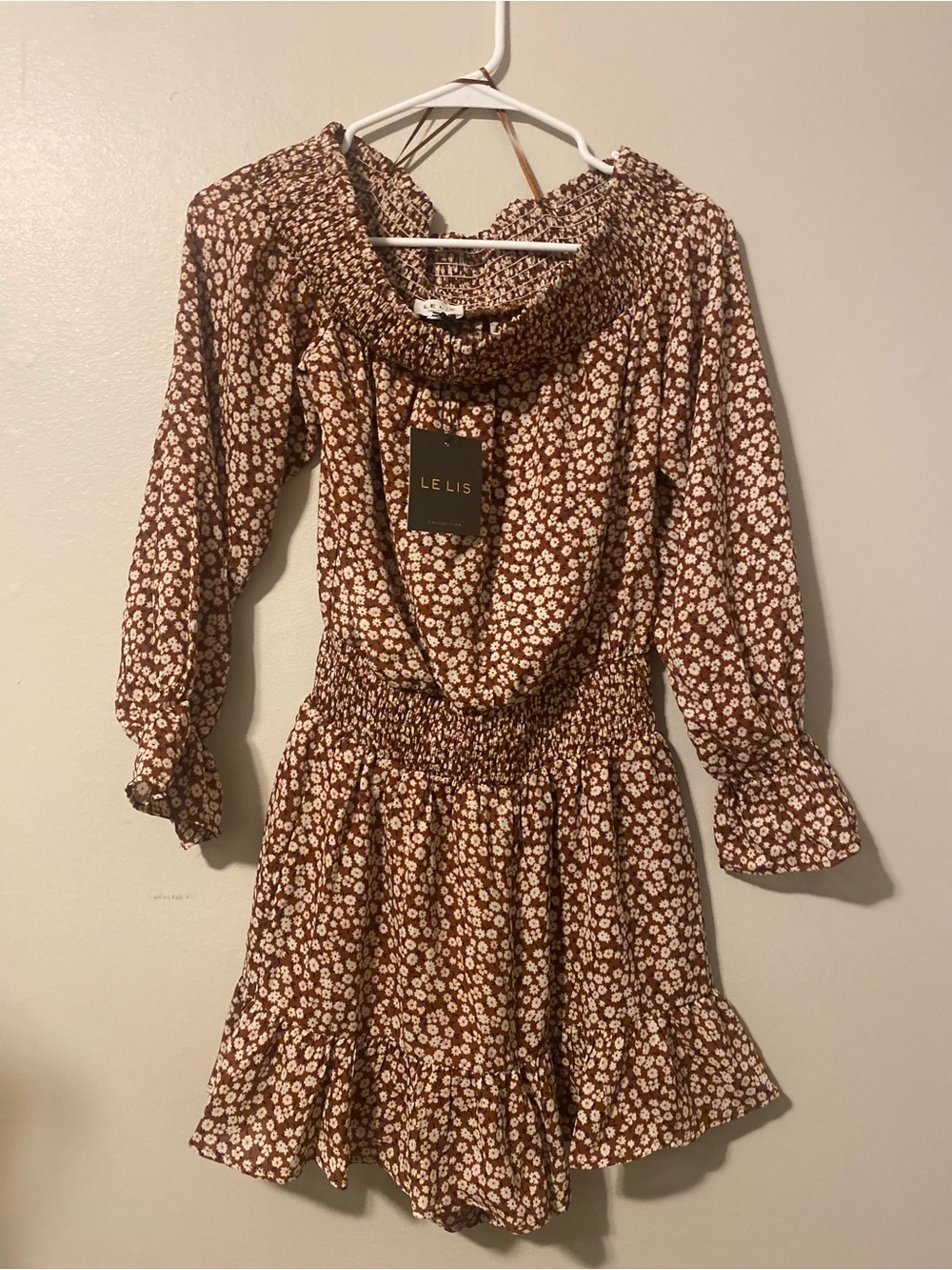 Le Lis Off Shoulder Floral Smocked Romper Brown Pink Sz S NWT